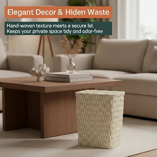 Coeusy 3 Gallon Paper Rope Bathroom Trash Can,Small Wicker Trash Cans with Lid and Liner,Woven Rattan Narrow Waste Basket for Bedroom,Office,White