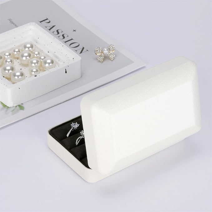 KUKUVR Velet Ring Storage Box for Multiple Rings, Travel Jewelry Ring Stud Earrings Holder Case, 3 Slot Portable Ring Display Organizer Case (White)
