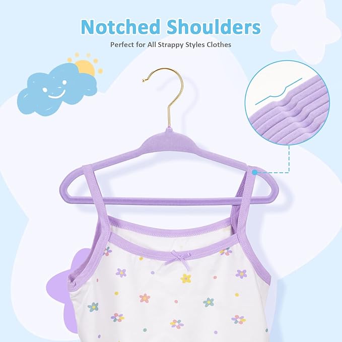 Tonswachic 50 Premium Baby Velvet Hangers - 11" Non-Slip, Ultra-Slim Space-Saving Kid Hangers - 360° Swivel Hook, Strong & Durable Infant & Toddler Clothes Hanger for Closet - Purple