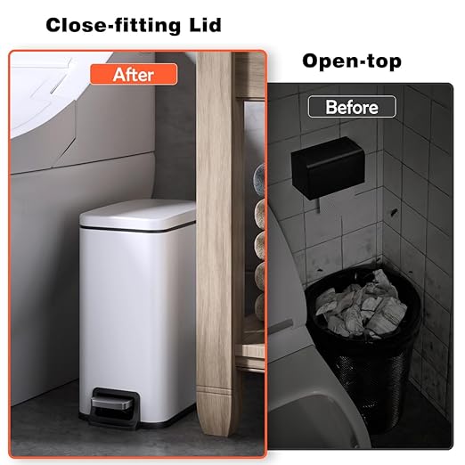Slim Bathroom Trash Can with Lid Soft Close, 1.6 Gallon Stainless Steel Garbage Can with Removable Inner Bucket, Durable Step Pedal, Small Trash Bins for Toilet, Bedroom, Kitchen, Office