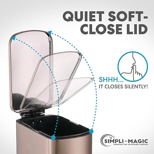 SIMPLI-Magic 6L/1.6G Stainless Steel Bathroom Trash Can with Hands-Free Foot Pedal, Quiet Soft-Close Lid, Compact Space-Saving Size