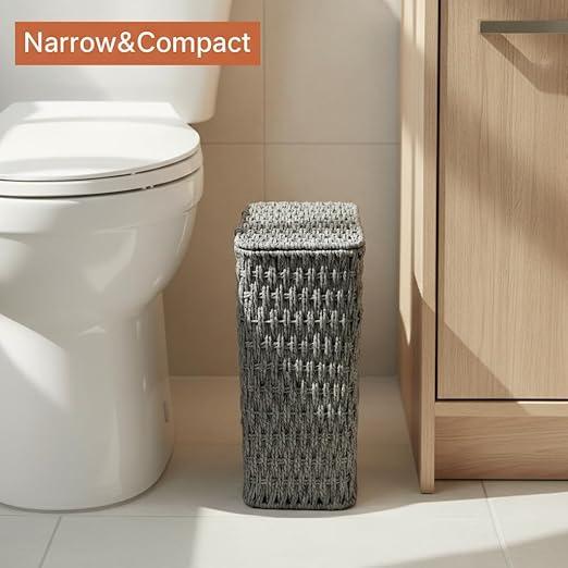 Coeusy 3 Gallon Paper Rope Bathroom Trash Can,Small Wicker Trash Cans with Lid and Liner,Woven Rattan Narrow Waste Basket for Bedroom,Office,Grey