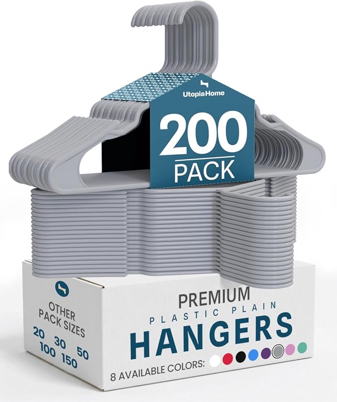 Utopia Home Plastic Hangers 200 Pack - Perfect Space Saving Clothes Hanger - Durable and Strong - Perfect Closet Organizers with Shoulder Grooves (Grey)