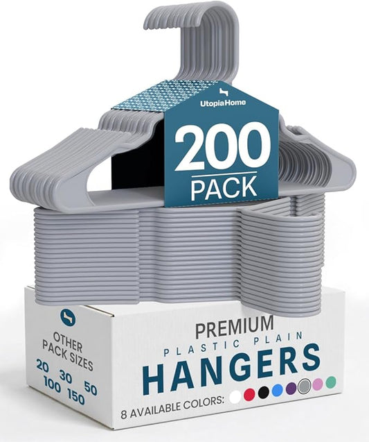 Utopia Home Plastic Hangers 200 Pack - Perfect Space Saving Clothes Hanger - Durable and Strong - Perfect Closet Organizers with Shoulder Grooves (Grey)