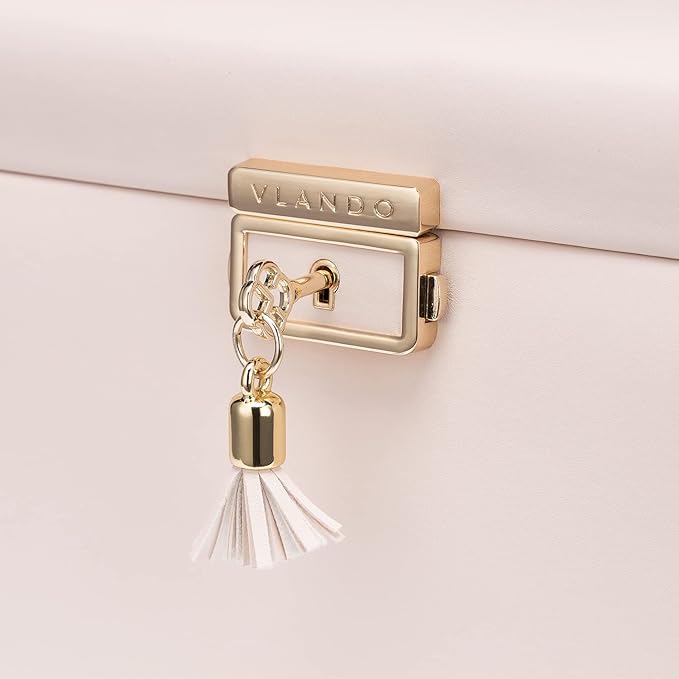 Vlando Lockable Jewelry Box Organizer with Key, 3-Tiered Storage Tray for Necklaces Earrings Rings Bracket Accessories Storage Display, Full HD-Mirror, Pink Beige