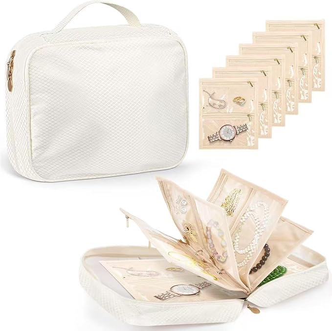 GSXRB Jewelry Organizer Travel Portable Earring Necklace Ring Jewelry Organizer Large Capacity Foldable Multi-Layer Classified Storage Bag Waterproof Antioxidant Organizer (beige)