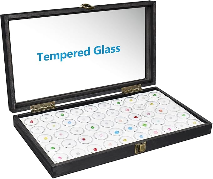 MOOCA Glass Top Black Jewelry Display Case 50 Gem Jars, Ring Box, Jewelry Organizer, Gem jar storage, Glass Display Box, Ring storage White Tray with Gem Jar