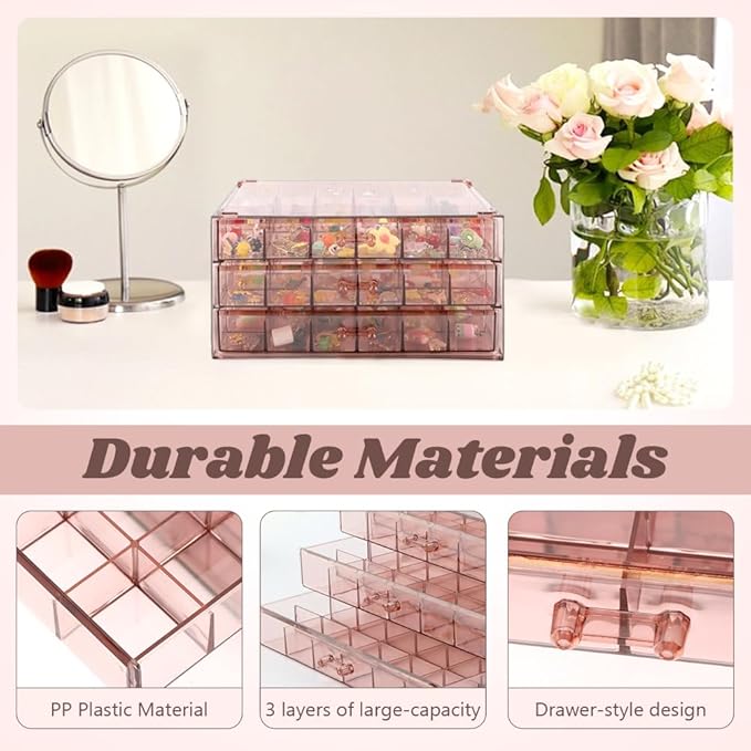Jewelry Organizer, Earring Holder Organizer Box with 3 Layers, 72 Grids Earring Case, Craft Storage Containers for Nail Charms, Ring, Earrings(Tan)