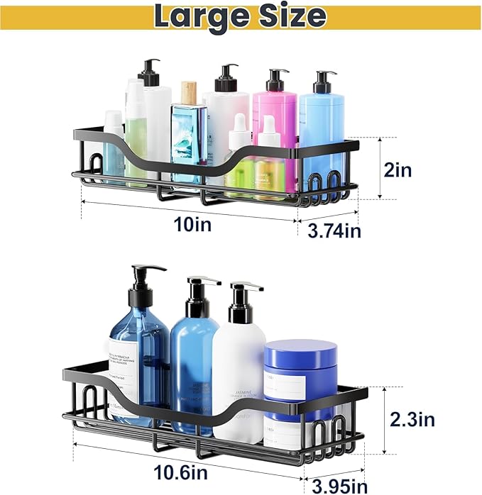 OMAIRA 3-Pack Shower Caddy with Soap Holder, Adhesive Rustproof No-drill Strudy Loading Inside Shower Organizer Shelves Rack Storage Bathroom Organization for Smooth Wall Glass Tile, Black (Large)