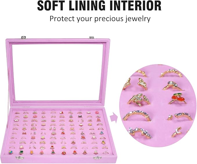 Vicoter Rings Organizer Tray 100 Slot Velvet Rings Earring Storage Box TranSparent Cover Jewelry Store Ring Display Box Jewelry Display Cabinet for Girl Wife Mother.