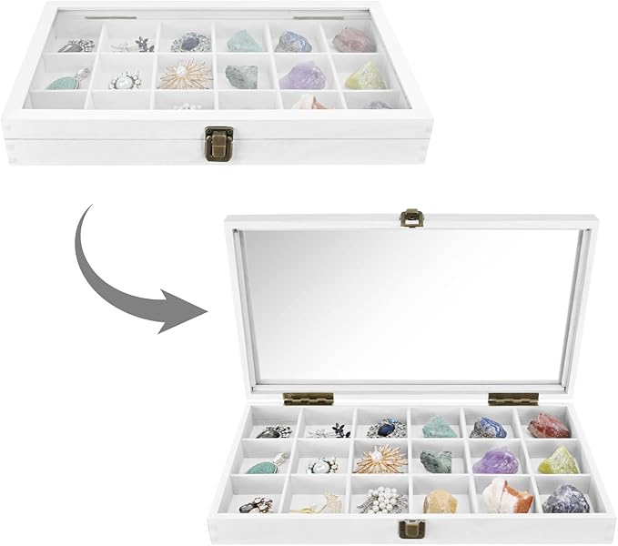 MOOCA Wooden Display Storage Case with Tempered Glass Lid for Jewelry and Beads with 18 Compartments Tray, 15 W x 8 3/8 L x 2 1/8 H in, Wash White Color