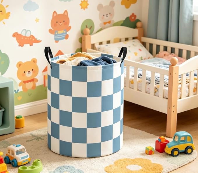 Baby Laundry Basket Baby Nursery Hamper Kids Laundry Basket Toy Storage Bin for Boys Room Decor Gift Baskets for Bedroom Bathroom(Blue Checkered)