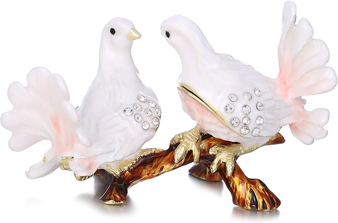 Hand Painted Animal Trinket Box for Home Decor, Hinged Jewelry Organizer Storage, Unique Personalized Collectible Keepsake Figurine Handmade Decorative Ornament Gifts (Dove Couple)