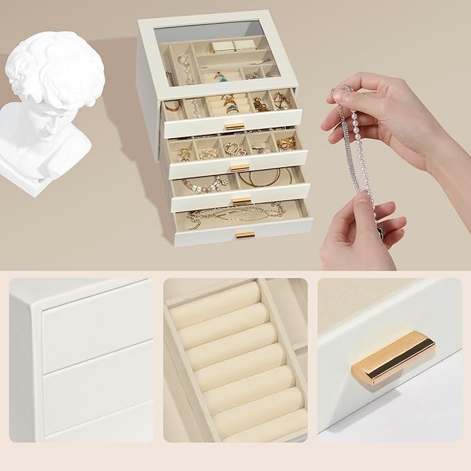 Jewelry Box with Glass Lid, 4-Layer Jewelry Organizer for Women Girls, PU Leather Display Case with 20-Grid Earring Tray & Movable Dividers for Necklaces Rings - Cloud White