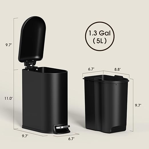 CEROELDA Small Bathroom Trash Can with Lid Soft Close, 5L/1.3 Gallon Stainless Steel Slim Garbage Can, Metal Waste Basket with Step Pedal, for Office, Bedroom, Toilet, Dorm Room (Black, 1.3 Gallon)