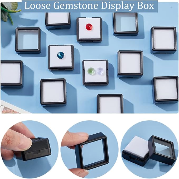 BENECREAT 12 Pcs Black Gemstone Display Box with Clear Top 1.18 Inches Square Jewelry Box for Gift Wrapping, Displaying Gemstones, Crystal Diamond Accessories