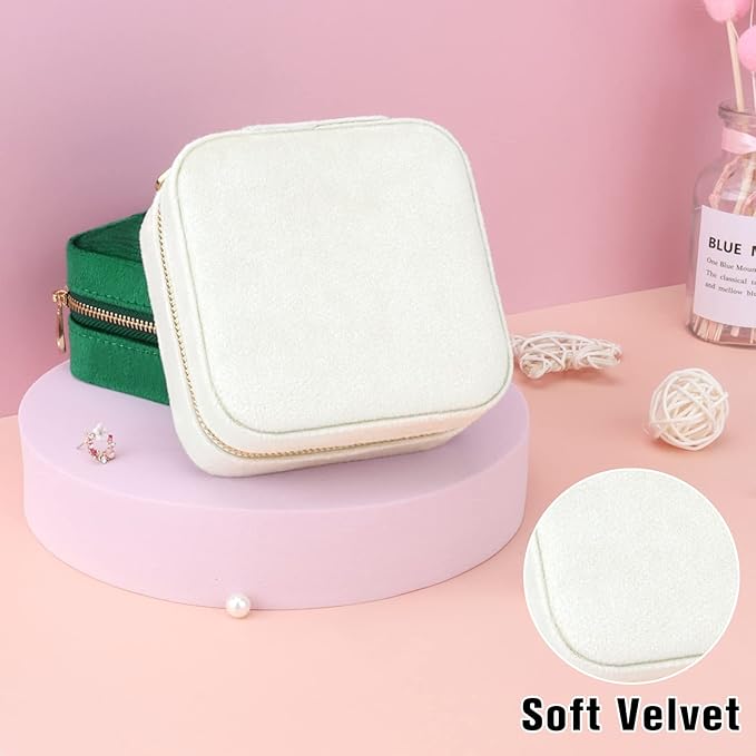 DesignSter Travel Jewelry Box - Velvet Mini Jewelry Organizer, Small Jewelry Case for Girls Women, Jewelry Storage Box for Rings Earrings Necklace (Square, Cream Beige)