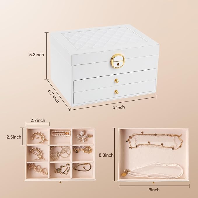 3 Layer Jewelry Box, Jewelry Holder Organizer with Jewelry Organizer Drawer, Large Jewelry Boxes & Organizer with Velvet Earring Organizer, Lockable Jewelry Holder, Unique Gifts for Women Mom (White)