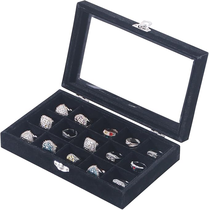 Travel Jewelry Box,Small Jewelry Case,Rings Earrings Cufflinks Organizer for Girls (Black, 15 Grids)