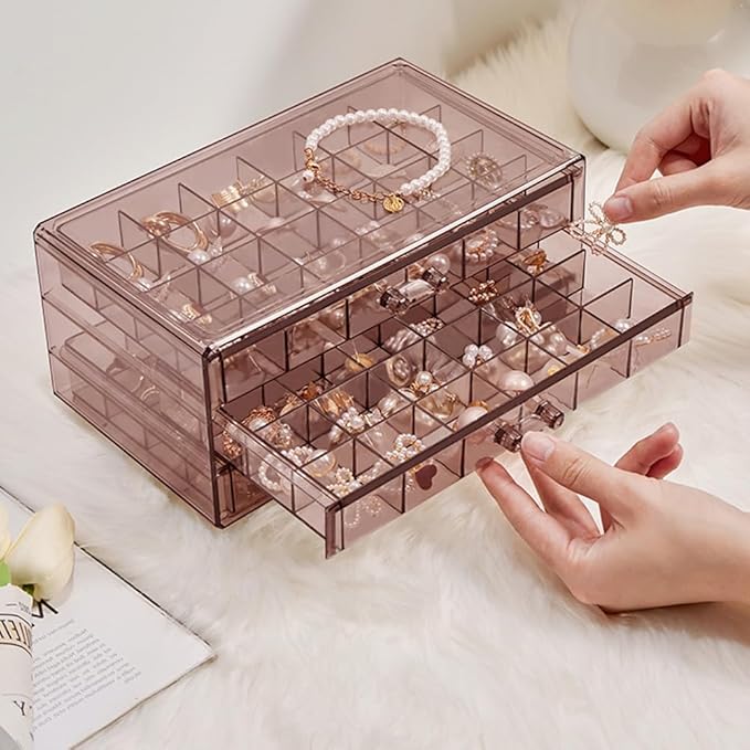 YUFONG Earring Storage Box Organizer 3 Drawers Acrylic Jewelry Storage Box Holder Transparent Jewelry Display Stand with 72 Small Compartments Gift for Women Girls (Clear Purple Brown)