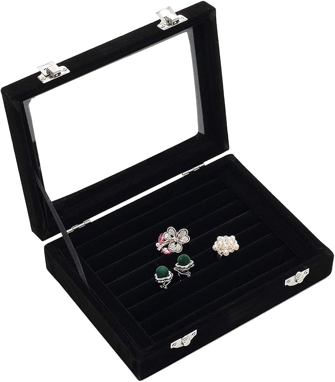 Jewelry Box Rings Organizer Tray 7 Slots Velvet Jewelry Earring Storage Box With Transparent Lid Jewelry Display Case for Girls Women (Black)