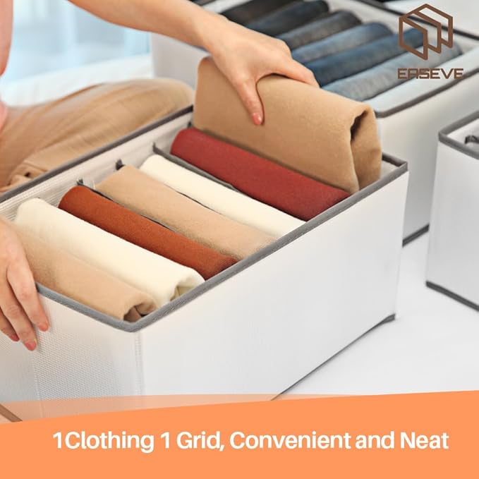 EASEVE 6 Pack Wardrobe Closet Organizer and Storage for Clothes - 7 Grids Foldable Drawer Dividers Organizers for Jeans | Pants | Shirts | Leggings, Stackable Clothing Bins for Closets Organization