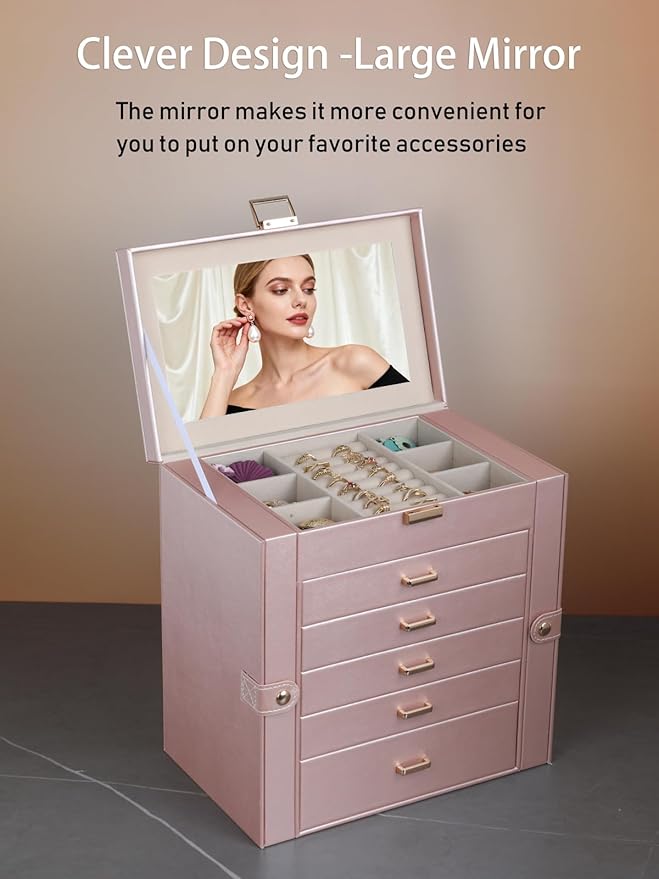BOOVO Jewelry Box For women, 6 Layer Large Jewelry Organizer With Mirror, Multi-Function Storage Box With Lock, Necklace Holder With 5 Drawers, For Earrings Necklace Bracelet (Rose Gold and Gold)