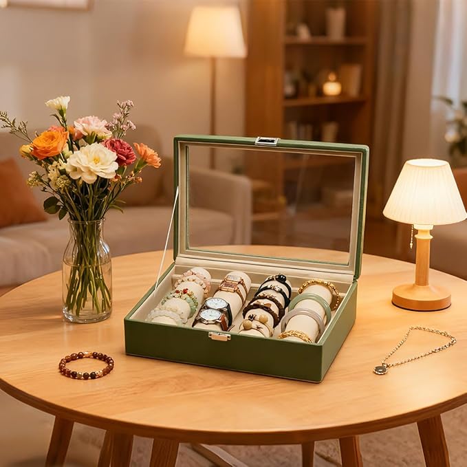 Bracelets Organizer Rods Bangles Display Holder, Clear See through Lid Leather Velvet Jewelry Storage Box Case for Women, 4 Rods Green Leather