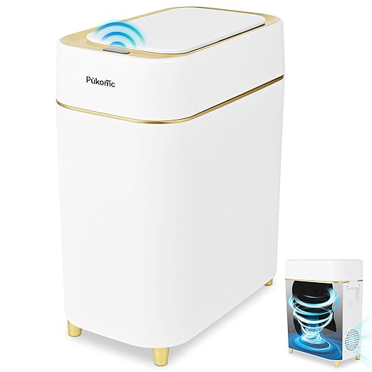 Pukomc 2.3 Gallon / 9L Automatic Adsorption Sensor Trash Can, White Gold Motion Sensor Garbage Bin with Suction, Slim Fashionable Design for Kitchen, Bathroom, Office & Small Space