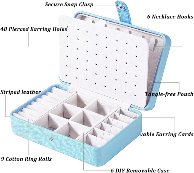 QBestry All-in-One Travel Jewelry Organizer for Women Blue | Small Jewelry Box with 68 Earring Holes | Compact Portable Jewelry Case for Earrings, Rings, Necklaces | Perfect Gifts for Mom Wife Girls
