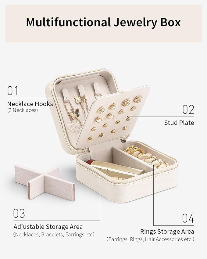 VLANDO Mothers Day Mom Gifts - Travel Jewelry Case, Small Travel Jewelry Organizer Box for Girls Women - White