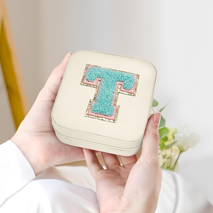 SANDJEST Personalized Jewelry Box, White Travel Jewelry Box with Initial T, Small Monogrammed Jewelry Case Organizer for Girls Women Teen Kids, Mini Travel Essentials Gifts for Birthday Christmas