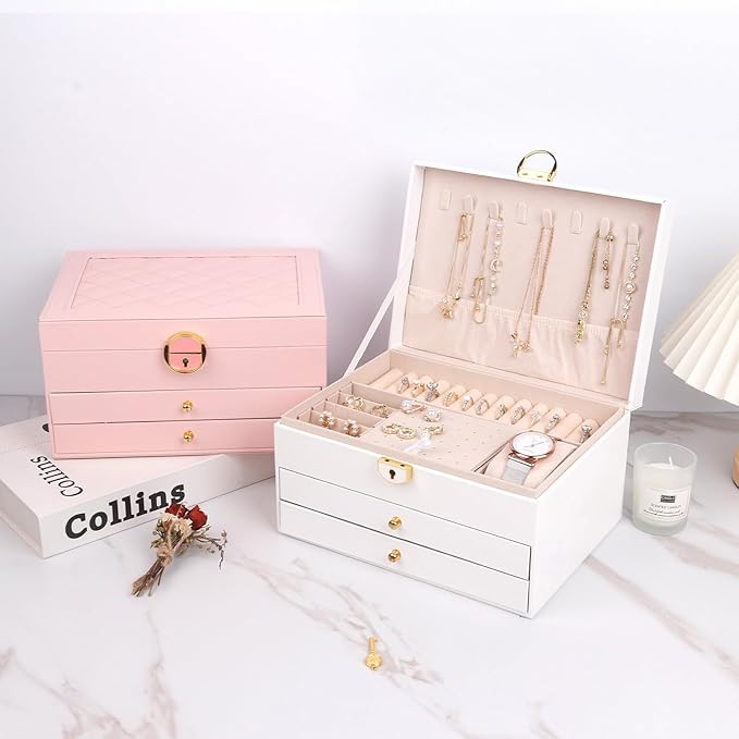 3 Layer Jewelry Box Organizer with Drawers, Lockable PU Leather Jewelry Storage Case for Mothrer's Day gifts Necklace Earring Ring Bracelet Watch, White