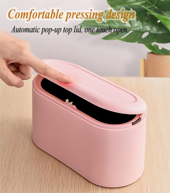 LTWQLing Mini Trash Can with Lid - Removable Small Garbage Can, Tiny Plastic Trash Bin, Pop Up Countertop Wastebasket, Counter Garbage Lint Bin for Bathroom,Office,Kitchen,Desk,Coffee Table(Pink)