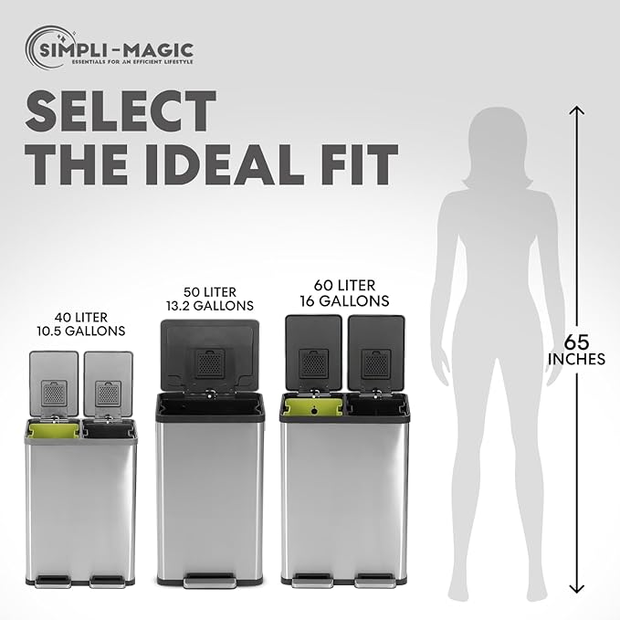 Simpli-Magic 16 Gallon (60L) Step Trash Can – Dual Compartment Kitchen Garbage Can with Waste & Recycling Bins – Slow-Close Lid, Odor Control, Hands-Free, Inner Bases, Premium Stainless Steel
