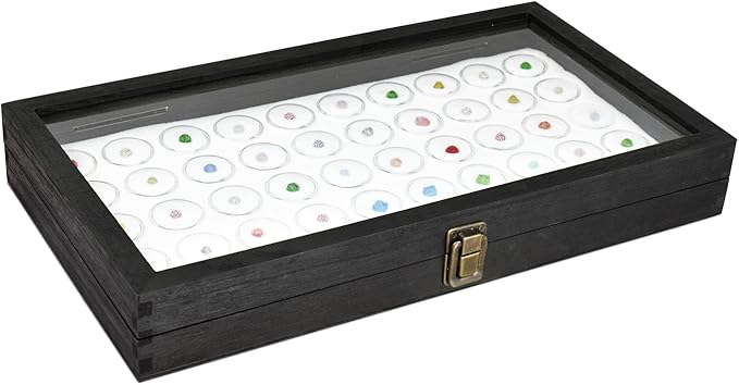 MOOCA Glass Top Black Jewelry Display Case 50 Gem Jars, Ring Box, Jewelry Organizer, Gem jar storage, Glass Display Box, Ring storage White Tray with Gem Jar