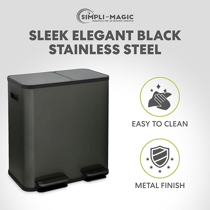 SIMPLI-Magic 18.5 Gallon (70L) Dual Compartment Kitchen Trash Can - Hands-Free Step Pedal, Soft-Close Lid, Stainless Steel Recycling Bin with Odor Filter (40L + 30L), Black