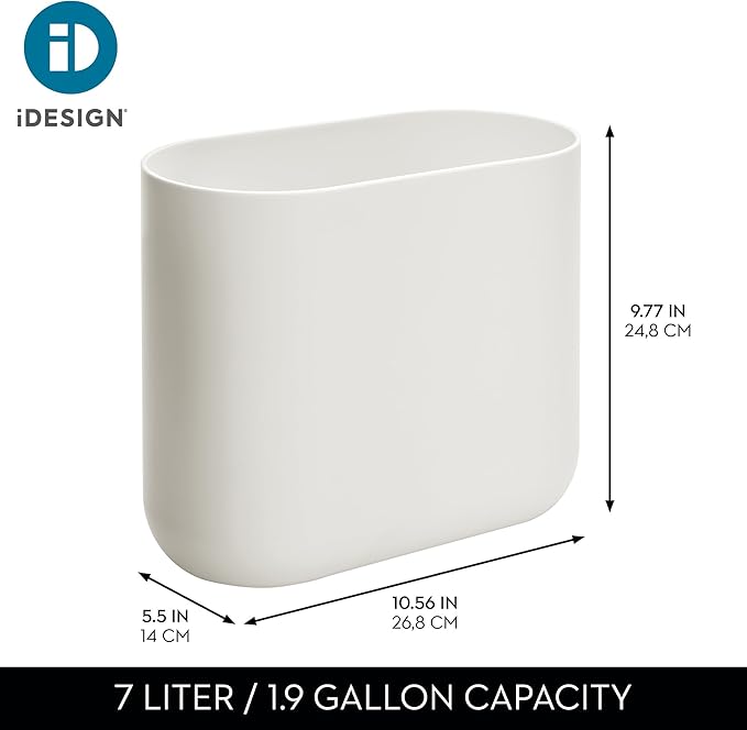 iDesign Small Slim Plastic Bathroom Trash Can, Garbage Can for Bedroom, Office, Desk, Dorm, Coconut White