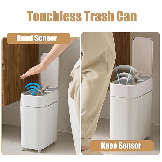 2-Pack - Bathroom Trash Can Automatic Touchless - 2 Gallon Slim Motion Sensor Garbage Can - Waste Basket for Bedroom, Laundry room, Small Spaces - Narrow Automatic Trash Bin - White with Grey Edge