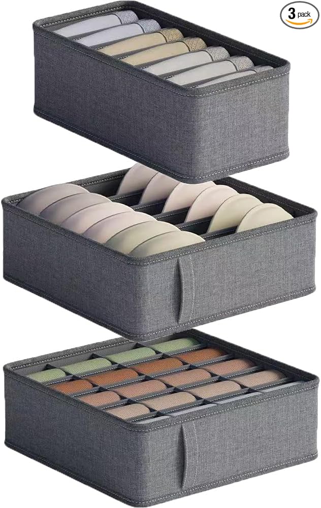 3 Pack Closet Underwear Organizer Storage Box, Drawer Fabric Foldable Cabinet Closet Storage Boxes for Storing Socks, Underwear, Ties, Belts (Dark Grey)