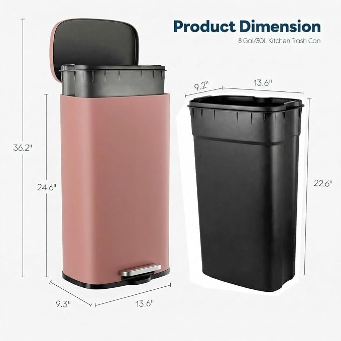 8 Gal Kitchen Trash Can, 30L Recycling or Garbage Bin, Brushed Stainless Steel Waste Basket, Soft&Quiet Close Dustbin, with Step-On Pedal, Removable Inner Bucket, for Home, Office, Living Room