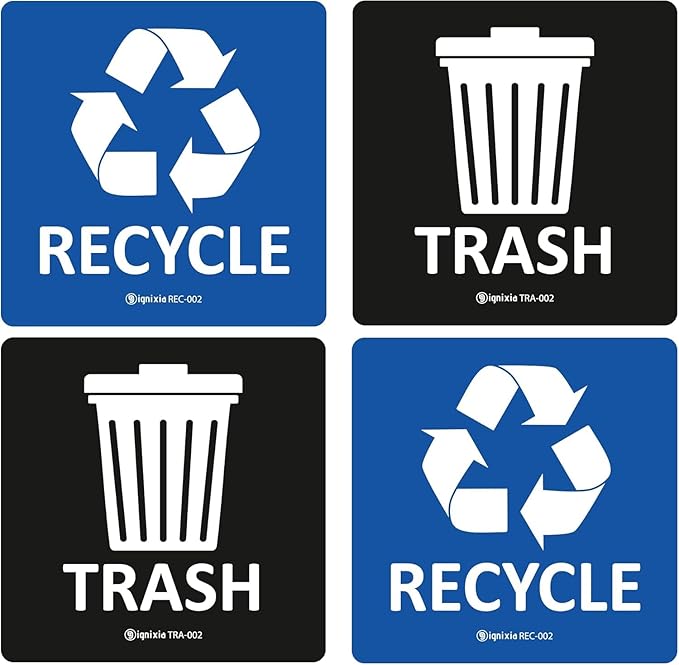 IGNIXIA Pack of 02 Recycle Sign Decals self Adhesive - Recycling Stickers 5 x 5 Inches Recycle and Trash Sticker for Trash can with Over Lamination- Recycle Labels (Blue and Black, 5 X 5 Inches)