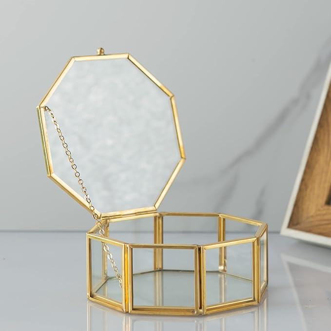 Glass Vintage Jewelry Box, Golden Geometric Jewelry Display Organizer Box Vanity Lidded Box Home Decor Accent Decorative Box for Storage Trinket Rings Bracelet