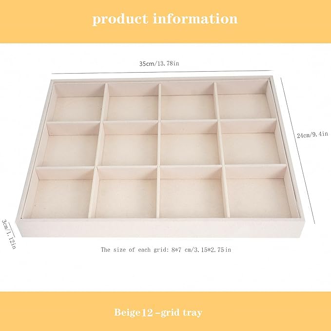Large Velvet Jewelry Tray, Drawer Organizer for Jewelry in Dresser, Stackable Jewelry Drawer Organizer Inserts for Earring Necklace Bracelet Rings(Beige,12grid)