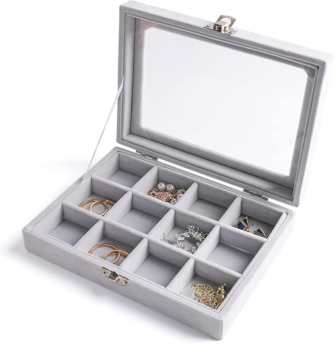 Frebeauty Jewelry Organizer Tray with Clear Lid, 12 Grid Velvet Drawer Insert Storage Box with Transparent Lid Display Case Gift for Women (Grey, 12 Grid)
