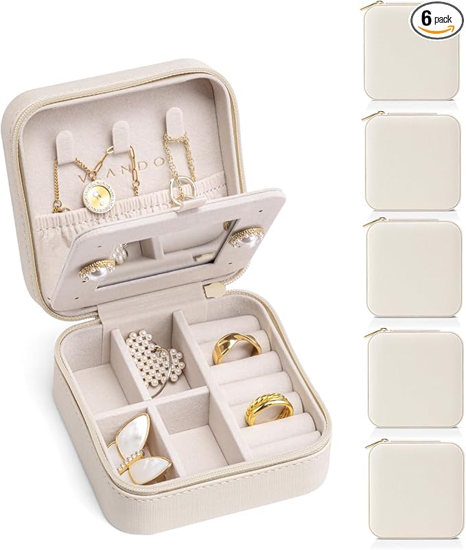 VLANDO Travel Jewelry Box, Small Jewelry Travel Organizer Case for Girls Women - white Mirror*6 pack