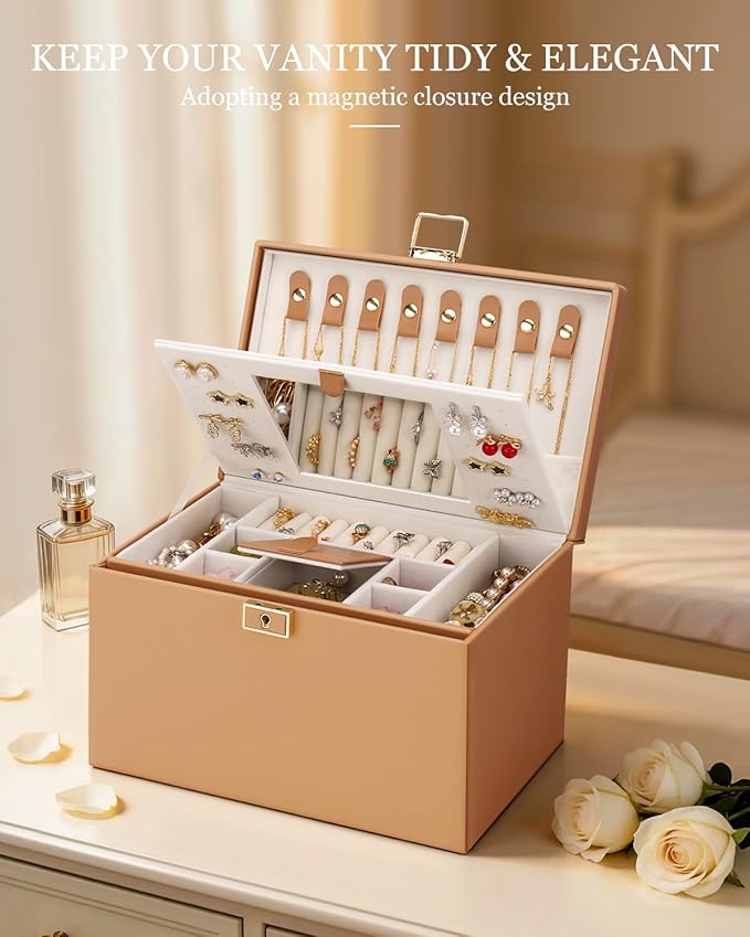 DesignSter Jewelry Box for Women Girl, 3-layer Lockable Jewelry Organizer with Mirror, Large Leather Jewelry Case for Earring Necklace Ring Bracelet Watch
