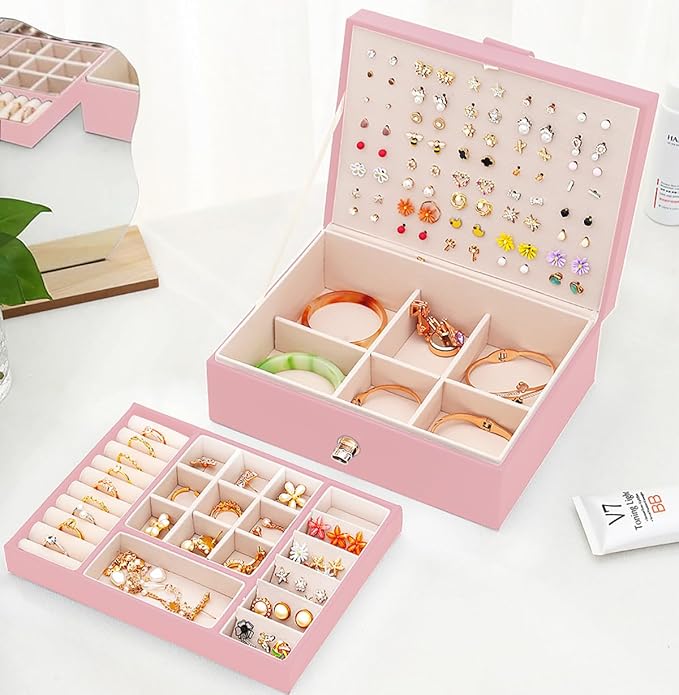 QBestry Girls Jewelry Box Earring Holder Organizer for Girls Earring Organizer Teen Jewelry Box Organizer for Girl Pink jewelry Boxes for Earrings Necklaces Rings Stud Earrings Box Organizers Teens