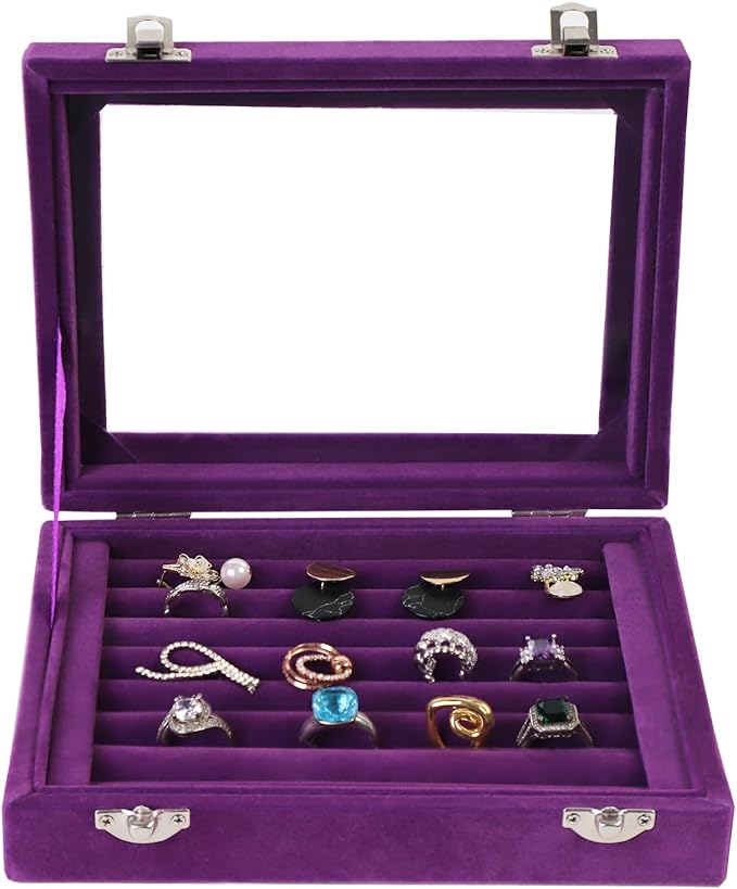 Jewelry Box Rings Organizer Tray 7 Slots Velvet Jewelry Earring Storage Box With Transparent Lid Jewelry Display Case for Girls Women (Purple)
