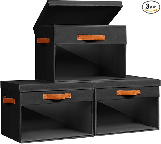 Homsorout Large Storage Bins with Lids - 3 Pack Foldable Decorative Organizers with Clear Windows & Handles, Cube Storage Organizers for Clothes, Blankets, Sweaters, Sheets, Black